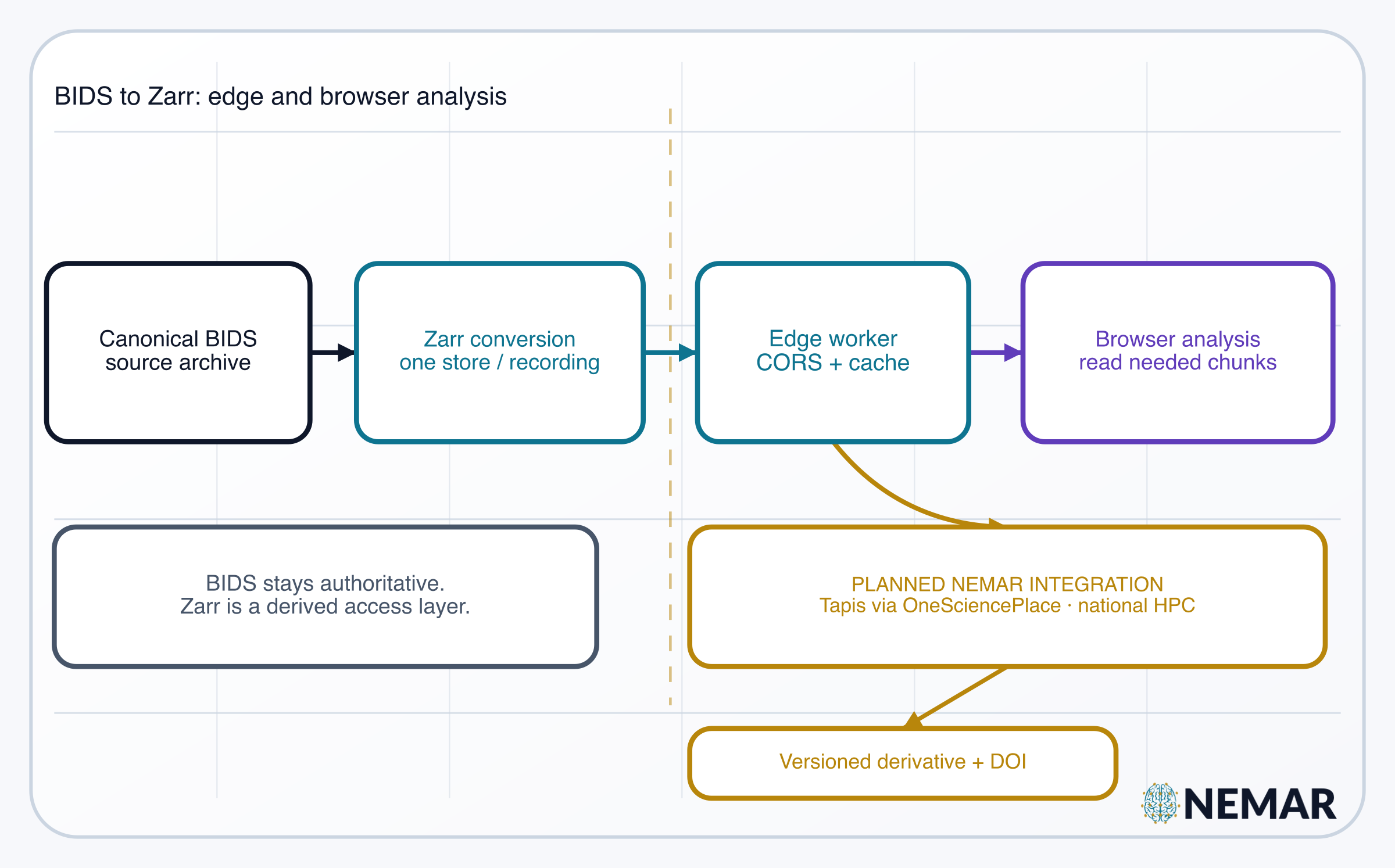 Flow diagram from the canonical BIDS source archive through Zarr conversion and an edge worker to browser analysis; a planned NEMAR integration would use Tapis through OneSciencePlace to launch reproducible HPC jobs near the data and return versioned BIDS derivatives with their own DOI.